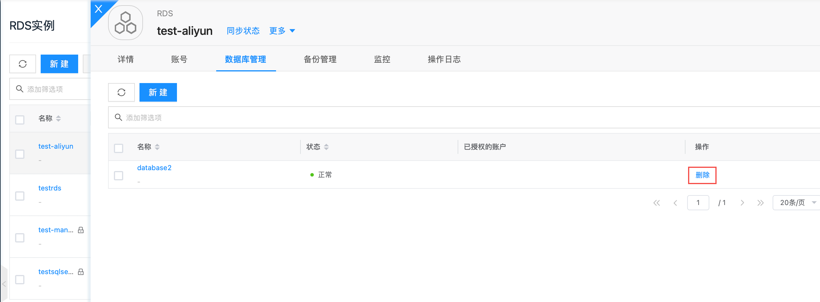 删除RDS实例数据库